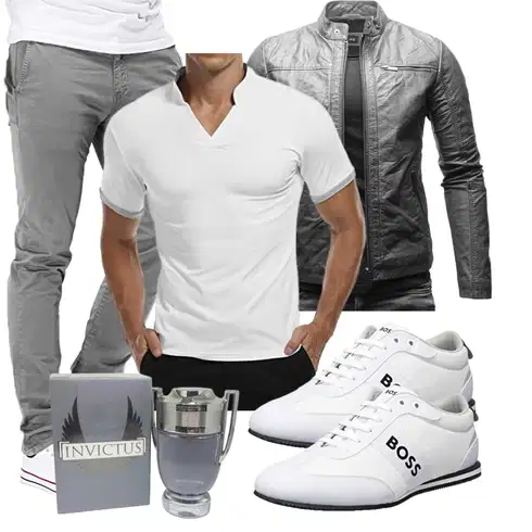 Grau/Dunkelgrau Leder Bomberjacke/Motorradjacke/Bikerjacke/Jacke mit Seitlichem Reißverschluss/KunstLederjacke Crone kombinieren