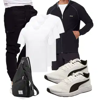 Outfit mit Schwarz/Beige/Rosa/Dunkelblau/Rot Sport Sweatshirt/Sportjacke/Thermojacke/Langlaufjacke/Laufjacke Boss "Cooles Outfit"