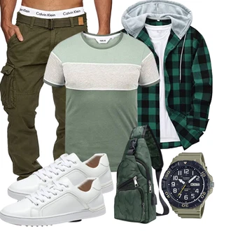Outfit mit Dunkelgrün/Türkis/Grün Kariertes Hemd SwissWell "Cooles Outfit"