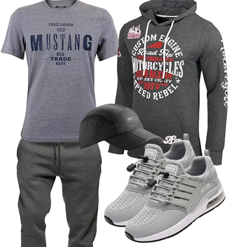 Grau T-Shirt Mustang kombinieren mit Dunkelgrau/Grau/Dunkelrot/Hellgrau Hoodie Sport Sweatshirt/Ausgefallener Hoodie/Hoodie/Vintage Hoodie/Sport Hoodie Baxboy