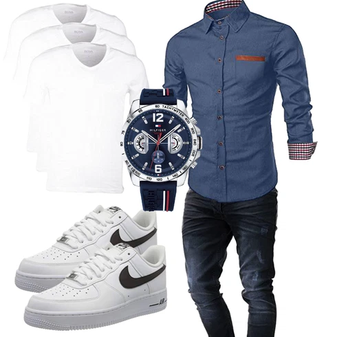 Blau/Dunkelblau/Grau Casual Hemd Meilicloth kombinieren