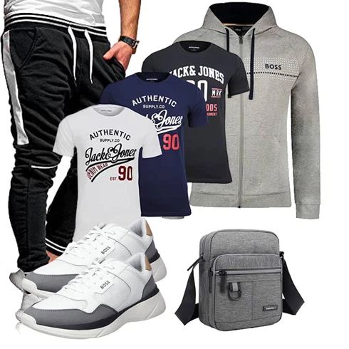 Grau/Beige/Dunkelblau/Braun Kastenjacke/Trachtenstrickjacke/Strickfleecejacke/Laufjacke/Jacke mit Seitlichem Reißverschluss/Uniformjacke/Segeljacke/Sportjacke/Kapuzenjacke Boss kombinieren