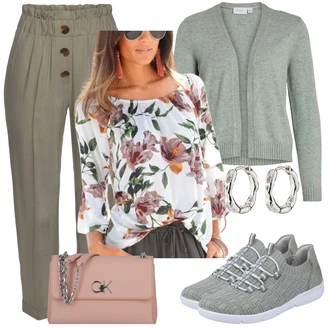 Outfit sa Zeleno/Svjetlozelena/Siva/Tamnozelena/Svjetloplava/SvjetloSiva Pletivo Veći Broj/Pletenina Vila "Cvijetni outfit za svaki dan"