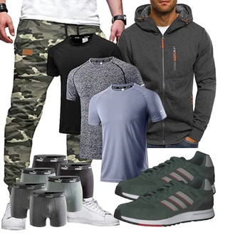 Outfit mit Dunkelgrau/Grau Kapuzenpullover/Sport Sweatshirt/Hoodie/Strick Hoodie/Sport Hoodie/Sweatjacke/Ausgefallener Hoodie VANVENE "Freizeit Outfit"