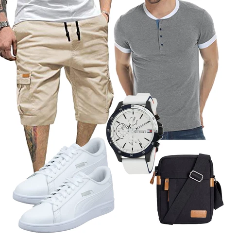 Old Money Beige/Khaki Hemd Cargo Short/Capri AlvaQ kombinierenLook: Rad, Classic, Boyfriend, Sportlich, Casual, Outdoor, Hip Hop, Rap, Coole, Old Money