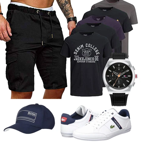 Jeans Schwarz/Khaki Hemd Cargo Short/Kurze Hose/Musselin Shorts/Baggy Short/Bermuda Cindeyar kombinieren