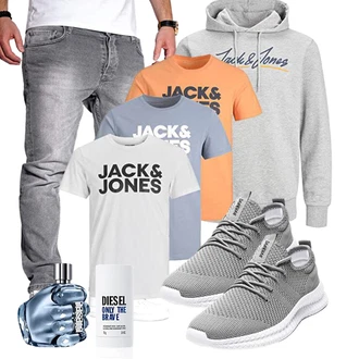 Outfit mit Grau/HellGrau/Silber Sport Hoodie/Damen Pullover/Hoodie/Unisex Hoodie/Vintage Hoodie/Ausgefallener Hoodie Jack & Jones "Freizeit Outfit"