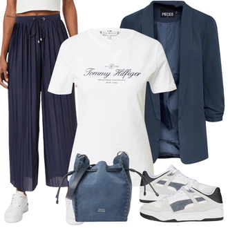 Outfit s Tmavě modrá Palazzo Kalhoty/Culotte Kalhoty/Plisovaná Kalhoty/Plisovaná kalhoty/Široká Kalhoty/Plážová Kalhoty/Mušelínové kalhoty/Kalhoty s nášivkou uprostřed/Tradiční Kalhoty About You "Jarní outfit"