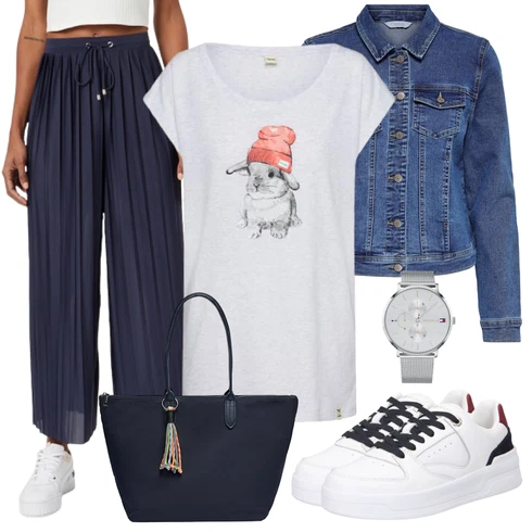 Kombinace Tmavě modrá Široká Kalhoty/Plážová Kalhoty/Kalhoty s nášivkou uprostřed/Culotte Kalhoty/Mušelínové kalhoty/Palazzo Kalhoty/Plisovaná Kalhoty/Plisovaná kalhoty/Tradiční Kalhoty About You