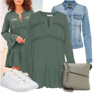 Folklor Outfit s Tmavě zelená/Zelená/Tyrkysový/Světle zelená Halenkové Šaty/Tunikové šaty/Šaty S Kosticí Lascana "Jarní outfit"