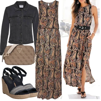 Outfit s Hnědá/Béžová Boho Letní Šaty/Šaty S Potiskem/Dlouhé Letní Šaty/Maxi Šaty Lascana "Lehký outfit"