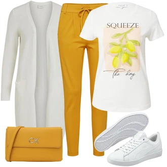 Outfit s Žlutá Doplňek/Dlouhá tylová sukně/Dlouhý Zimní Kabát/Taška/Dlouhé Šaty Calvin Klein "Lehký outfit"