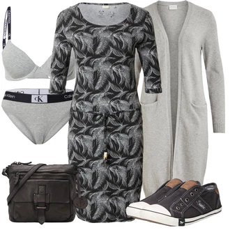 Outfit s Šedá/Tmavě šedá Žerzejové Šaty/Kancelářské šaty/Šaty s Kapsou/Úzké Šaty/Pouzdrové Šaty/Šaty S Rovným Střihem/Pouzdrová Šat/Šaty s 3/4 Rukávem/Šaty s Předním Zipem/Šaty S Potiskem/Občanské šaty Ragwear "Módní letní vzhled"