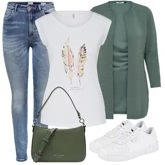 Outfit s Tyrkysový/Zelená/Khaki Pletenina veľkej veľkosti/Tunika/Kabát/Kalhoty Veľké Veľkosti Only "Módní letní vzhled"