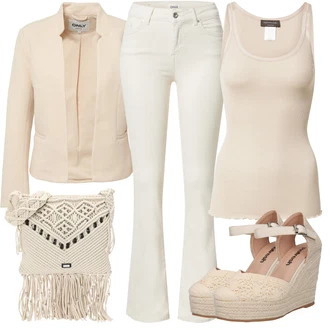 Outfit s Béžová/Bílá/Khaki Kalhoty Bootcut/Kožené zvonové kalhoty/Kalhoty se Štěrbinou/Rozšířená Kalhoty Only "Módní letní vzhled"