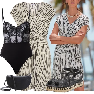 Výstřih na ramena Outfit s Hnědá/Bílá/Béžová/Zelená Šaty s Páskem/Halenkové Šaty/Ležérní Šaty/Žerzejové Šaty/Šaty S Potiskem/Šaty na safari/Pouzdrové Šaty/Šaty Bez Rukávů/Letní Šaty/Tunikové šaty/Zavinovací Šaty Lascana "Módní letní vzhled"