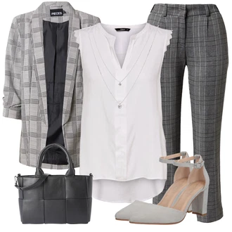 Elegantní Outfit s Bílá/Šedá/Hnědá Halenka Móda Pro Plnoštíhlou/Halenka a Tunika Tunika Only "Módní letní vzhled"Look: Styl, Lehký, Rad, Emo, 20 léta, Elegantní, Kancelář, Old Money, Příliš oblečený, S průsvitem