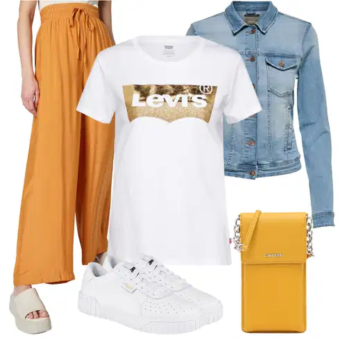 Kombinace Žlutá/Oranžová/Hnědá Slinky Kalhoty/Plážová Kalhoty/Mrkvová Kalhoty/Široká Kalhoty Baggy Kalhoty/Mušelínové kalhoty/Palazzo Kalhoty guido maria kretschmer women kombinovat s Světle modrá/Modrá Bunda Krátké Džínové Bundičky/Vintage Bund/Džínové Bund Only