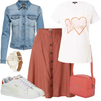 Outfit s Oranžová/Hnědá/Červená Midi Sukně/Moderní Sukně/60tého Léta Sukně/Manšestrová sukně/50tého Léta Sukně/Vlněná Sukně/90tá Léta Sukně/Sukně do Délky Lýtka/Vázací Sukně/Zimní Sukně/Křesťanská Sukně Only "Módní letní vzhled"