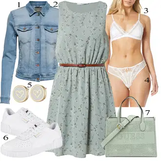 Výstřih na ramena Outfit s Světle modrá/Zelená/Tmavě zelená/Světle zelená Šaty s Páskem/Letní Šaty/Šaty Bez Rukávů/Ležérní Šaty/Šaty S Potiskem/Bavlněné Šaty About You "Outfit na léto"