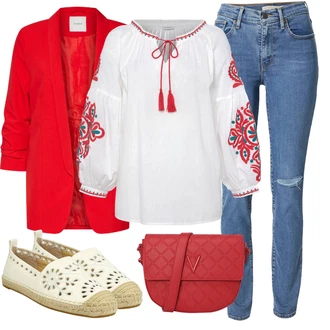 Outfit s Bílá/Krémová/Červená Halenka Vyšívaná blůza/Rozverná blůza/slavnostní tunika/Boho Halenka/Neobvyklá Tunika/Carmen Blůza/Slavnostní Halenka/Dětská hračka Lascana "Outfit na léto"