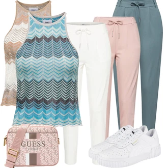 Outfit s Bílá/Khaki/Krémová Bavlněná Kalhoty/Žerzejová Kalhoty/Navlékací Kalhoty/7/8 Kalhoty/Kalhoty s nášivkou uprostřed/Dlouhá Kalhoty/Jogger Kalhoty/Ležérní Kalhoty/Úzká Kalhoty/Teplák/Mušelínové kalhoty Only "Outfit na léto"
