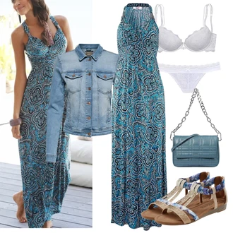 Slavnostní Outfit s Zelená/Tyrkysový/Modrá Dlouhé Šaty/Dlouhé Letní Šaty/Maxi Šaty Lascana "Outfit na léto"Look: Boho, Elegantní, Hippie, Jazz, Mom, Old Money, Příliš oblečený, Romantický, Univerzitní, Slavnostní