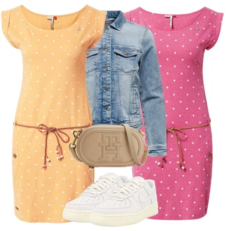 Outfit s Oranžová/Žlutá/Hnědá Žerzejové Šaty/Tričkové šaty/Šaty Niki/Bavlněné Šaty/Šaty s puntíky/Letní Šaty/Pouzdrové Šaty/Ležérní Šaty/Pletené Šaty Ragwear "Outfit na léto"