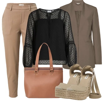 Outfit s Černá/Žlutá Průhledná blůza/Rozverná blůza/Kožená bunda/Dětská hračka/Halenka s Nafouknutým Rukávem Vila "Outfit na léto"