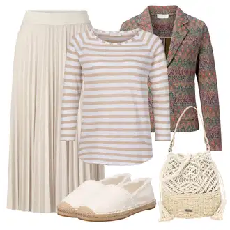 Venkovní Outfit s Hnědá/Vícebarevný Lidové Sako/Boucle Blazer/Pletený Sako/Dámský Potištěný Sako/Tvídové Sako/Kožená bunda Rich & Royal "Outfit na léto"Look: Business, Cool, Mom, Krásný, Kancelář, Venkovní, Španělské, Univerzitní, Klasické