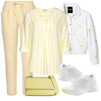 Babydoll Outfit s Žlutá Tunika ve tvaru A/Tunikové Tričko/Elegantní Tunika/Halenka S 3/4 Rukávem/Klasická tunika/Neobvyklá Tunika Lascana "Outfit na léto"Look: Styl, Babydoll, Námořní, Příliš oblečený, Preppy, Elegantní