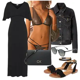 Outfity na zahradní párty Svatební host s Černá/Šedá Šaty S Odhalenými Rameny/Šaty Carmen/Šaty s Rozparkem/Dlouhé pletené šaty/Občanské šaty/Společenské šaty pro hosta Lascana, Černá/Hnědá Letní Bota/Plochá bota/Lodička Nízký Podpatek/Uzavřený Sandál/Balerína s Páskem/Sandál s podpatkem/Římská sandála/Přezková bota/Vintage sandál Lascana "Outfit na léto"