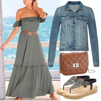 Dlouhé Outfit s Tmavě zelená/Světle zelená/Zelená Šaty Carmen/Společenské šaty pro hosta/Šaty S Odhalenými Rameny/Maxi Šaty/Dlouhé Letní Šaty Lascana "Outfit na léto"