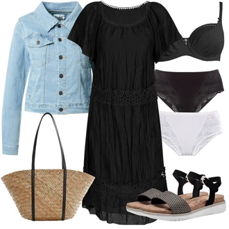 Výstřih na ramena krajkou Outfit s Černá Šaty Niki/Občanské šaty/Šaty S Kosticí/Tunikové šaty/Francouzské šaty/Bavlněné Šaty/Plisované Šaty/Boho Šaty Elegantní/Gotické Šaty Heine "Outfit na léto"