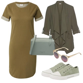 Outfit s Tmavě zelená/Khaki Žerzejové Šaty/Šaty S Rovným Střihem/Ležérní Šaty/Pouzdrové Šaty/Tričkové šaty JdY "Outfit na léto"