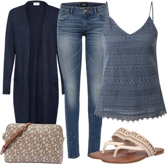 Old Money, Styl Outfit s Tmavě modrá Pletenina veľkej veľkosti/Šaty Móda Pro Plnoštíhlou Vila "Outfit na léto"Look: Kancelář, Old Money, Příliš oblečený, Nadrozměrné, Univerzitní