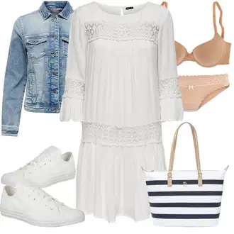 Folklor Outfit s Šedá/Bílá/Krémová Pouzdrové Šaty/Tunikové šaty/Pouzdrové Šaty S Dlouhým Rukávem/Boho Šaty Elegantní/Občanské šaty/Boho Letní Šaty/Šaty S Kosticí/Šaty s 3/4 Rukávem/Šaty na Konfirmaci/Francouzské šaty/Mušelínové šaty Only "Outfit na léto"