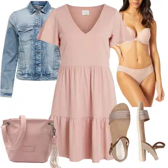 Boho Outfit s Růžová Ležérní Šaty/Šaty S Kosticí/Tričkové šaty/Šaty Fit & Flare/Žerzejové Šaty/Letní Šaty/Volánové šaty/Šaty Niki/Bavlněné Šaty/Šaty s Kapsou/Elegantní Šaty Vila "Outfit na léto"Look: Babydoll, Boho, Mom, Příliš oblečený, Nadrozměrné, Romantický, Elegantní