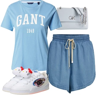 Outfit s Modrá/Světle modrá Pumpová Kalhoty/Plážová Kalhoty/Tradiční Kalhoty/Navlékací Kalhoty/Baggy Kalhoty/Lněné Kalhoty Object "Outfit na léto"