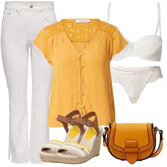 Šik Outfit s Šedá/Bílá/Krémová/Khaki Dámské Džíny s Délkou 7/8/Capri Džíny/Zvonové Džíny/Džíny s Rozparkem/Zkrácené Džíny/Pánské tričko Only "Outfit na léto"Look: Šik, Klasické, Cool, Venkovní, Premium, 70tá léta