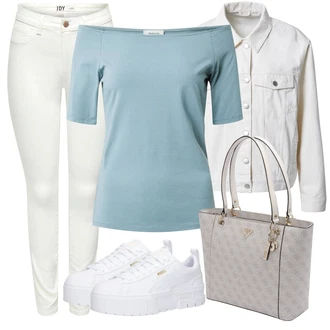 Outfit s Krémová/Světle zelená/Bílá/Khaki Kožená bunda/Push up Džín/Termální Džíny/Slim Fit Džíny/Džíny s Rozparkem/Kožená Pánská Bund/Kotníková Bota/Kožené Boty/Motorkářské Džíny/Dámské Džíny s Délkou 7/8/Zkrácené Džíny/Capri Džíny JdY "Outfit na léto"