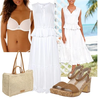 Elegantan Outfit sa Bijela/Krem Haljina Veći Broj Lascana "Outfit za plažu"Look: Elegantan, Transparentan, Preodjeven, Boho, Babydoll