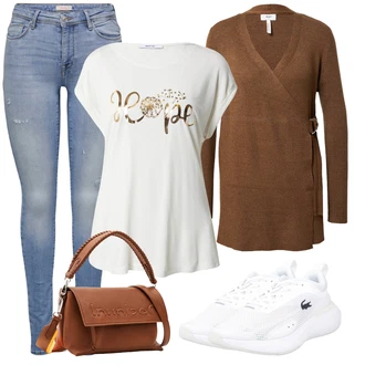 Outfit sa Smeđa/Siva/Bež/Kaki Pletenina omotati kardigan/Kardigan od kašmira Object "Outfit za slobodno vrijeme"