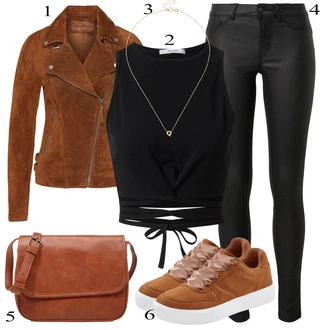 outfit mit Črna/Bela Usnjena Hlača/Leginge v Videzu Usnja/Usnjena pajkica/Treggings/Skinny Hlače/Hlače iz Imitacije Usnja Pieces "Pokrivalo za pomlad"