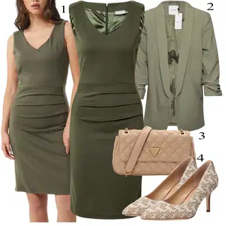 Outfit sa Tamnozelena Jesenska Haljina/Uska Haljina/Pamučna haljina/Haljina na špagete/Haljina za ured/Jednobojna/Haljina Bez Rukava/Haljina Ravnog Kroja Kaffe "Tvoj otmjeni outfit"