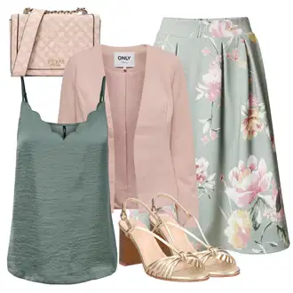 Outfit s Světle zelená/Hnědá/Světle modrá/Zelená/Růžová 50tého Léta Sukně/Sukně S Květinovým Vzorem/Moderní Sukně/Sukně s potiskem About You "Perfektní na léto"