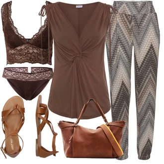 Outfit s Šedá/Béžová/Hnědá/Fialová Kalhoty s Potiskem/Kalhoty s Peřím/Mušelínové kalhoty/Tvídová Kalhoty/Navlékací Kalhoty/Látková Kalhoty Lascana "Perfektní na léto"