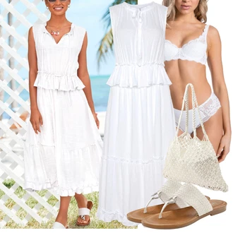 Výstřih na ramena Outfit s Bílá/Krémová Šaty S Kosticí/Šaty v Délce do Lýtka/Plážové Šaty/Šaty Niki/Mušelínové šaty/Šaty na Konfirmaci/Dlouhé Letní Šaty/Šaty Bez Rukávů/Šaty s výstřihem/Bavlněné Šaty Lascana "Perfektní na léto"