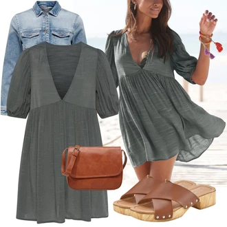 Outfit s Šedá/Tmavě zelená/Tmavě šedá/Zelená/Světle šedá Občanské šaty/Tunikové šaty/Šaty Niki/Manšestrové Šaty/Šaty S Kosticí/Halenkové Šaty/Mušelínové šaty/Babydoll Šaty Lascana "Perfektní na léto"