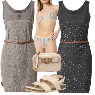Outfit s Šedá/Hnědá/Béžová/Světle šedá Šaty Bez Rukávů/Žerzejové Šaty/Šaty s Kapsou/Pletené Šaty/Letní Šaty/Tvidové šaty/Ležérní Šaty/Šaty s Páskem/Pouzdrové Šaty Alife and Kickin "Perfektní na léto"